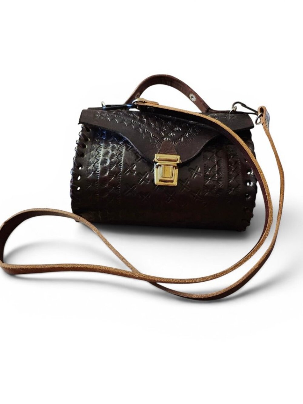 Richly Brown Chocolate Hand-Tooled and Hand-Laced Leather Vintage Purse